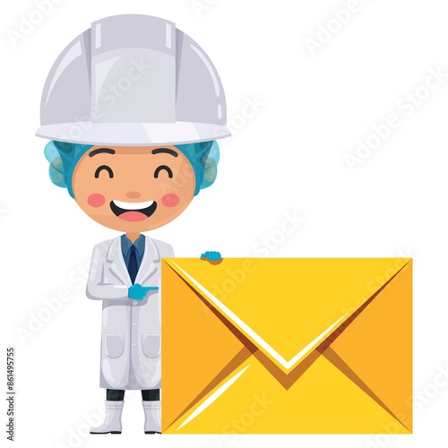 Quality control happy supervisor with letter envelope for email. Food industry engineer. Concept of notification and contact. Chief food safety engineer. Safety in food production and processing