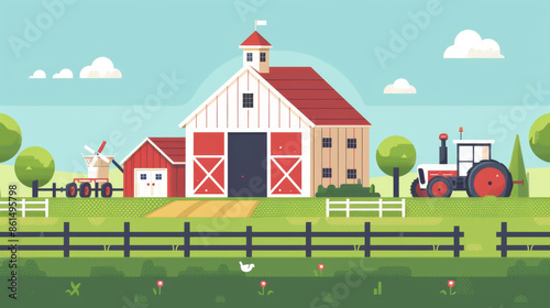 Farm icons including a barn, house, and tractor represent the agricultural industry.