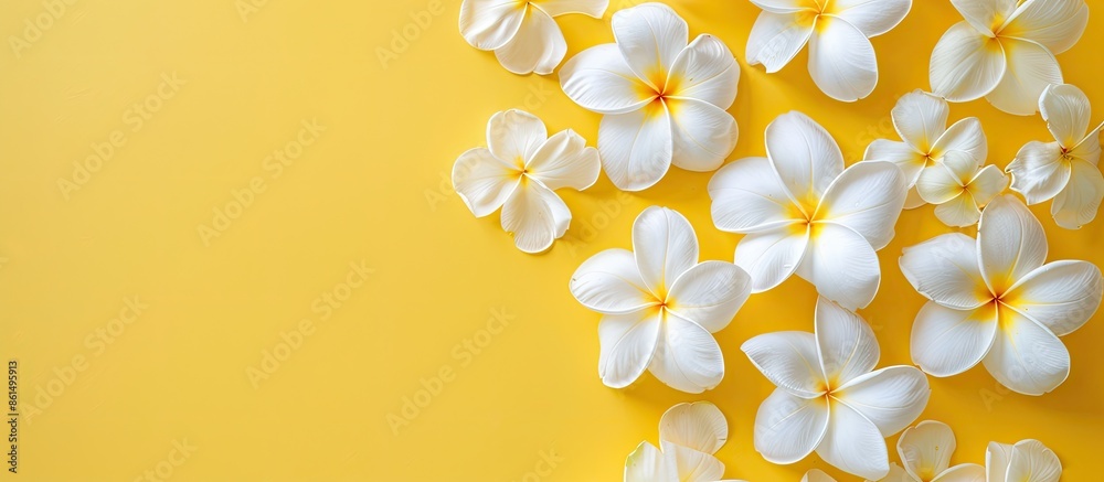 Obraz premium A flat lay of white plumeria blossoms against a yellow backdrop, showcasing a copy space image.