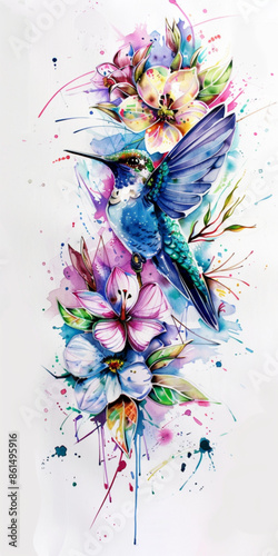 Artistic Hummingbird Illustration with Rose in Neotraditional Style
