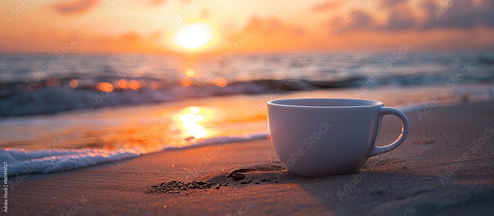 A white cup sits atop black coffee by the beach during a serene sunrise or sunset, perfect for a lifestyle or blogger's theme with a remote work setting and available copy space image. A white cup sits atop black coffee by the beach during a serene sunrise or sunset, perfect for a lifestyle or blogger's theme with a remote work setting and available copy space image.