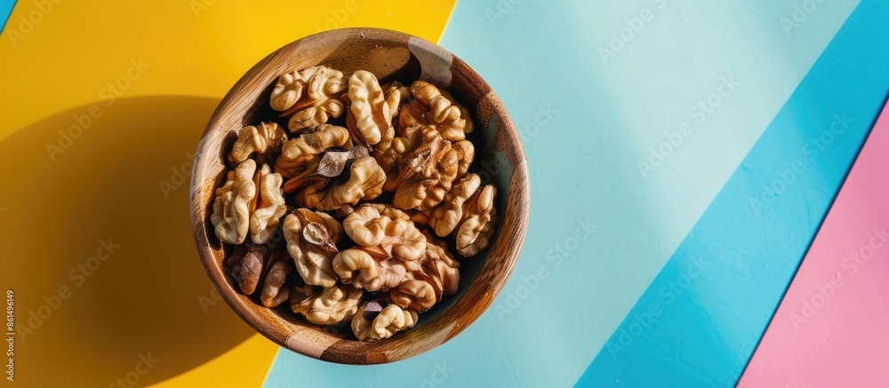 A wooden bowl contains walnut kernel halves on a colorful surface, creating a close-up image for the healthy eating concept with copy space. A wooden bowl contains walnut kernel halves on a colorful surface, creating a close-up image for the healthy eating concept with copy space.