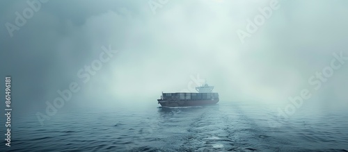 A solitary cargo ship navigates through dense fog and mist in a boundless ocean, illustrating the idea of being adrift at sea, with a backdrop featuring an area for text insertion, known as a copy