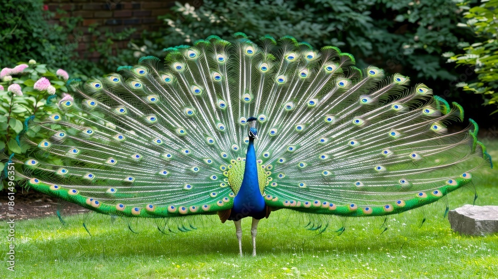 Obraz premium Vibrant close up of a peacock displaying its extended tail feathers in a stunning fan pattern