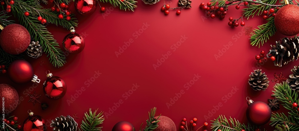 A festive red Christmas background adorned with holiday decorations, fir branches, and ample copy space image. A festive red Christmas background adorned with holiday decorations, fir branches, and ample copy space image.