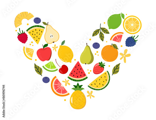 Heart Shape Filled with Fruits. Fruit Flat Collection. Summer Food Set.