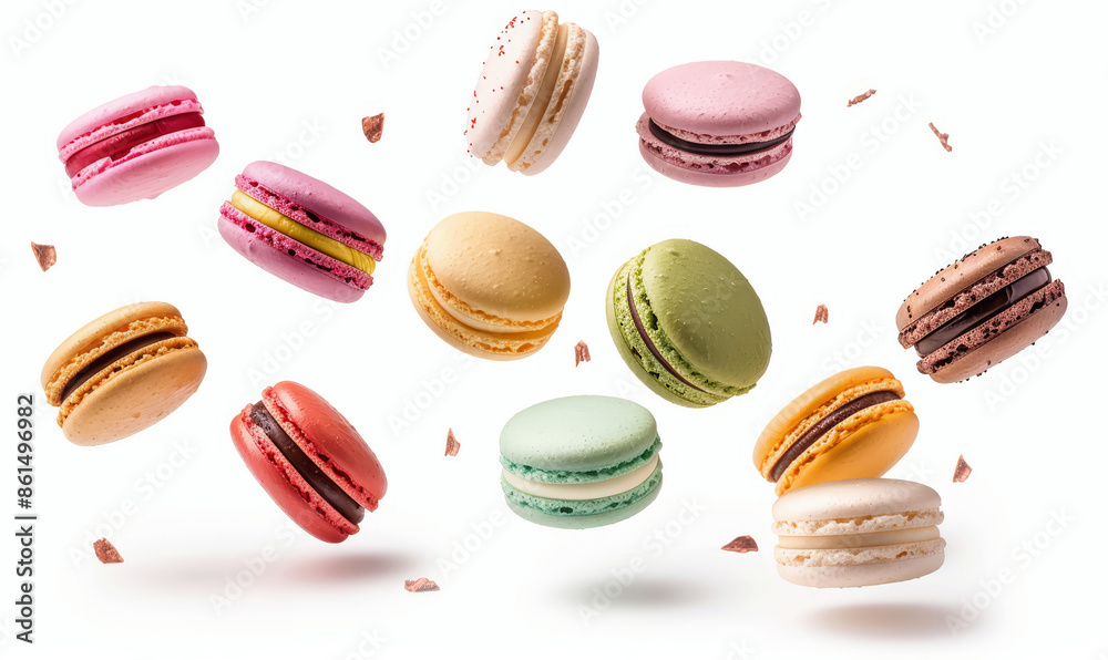 Various colorful of macarons floating on the air Various colorful of macarons floating on the air