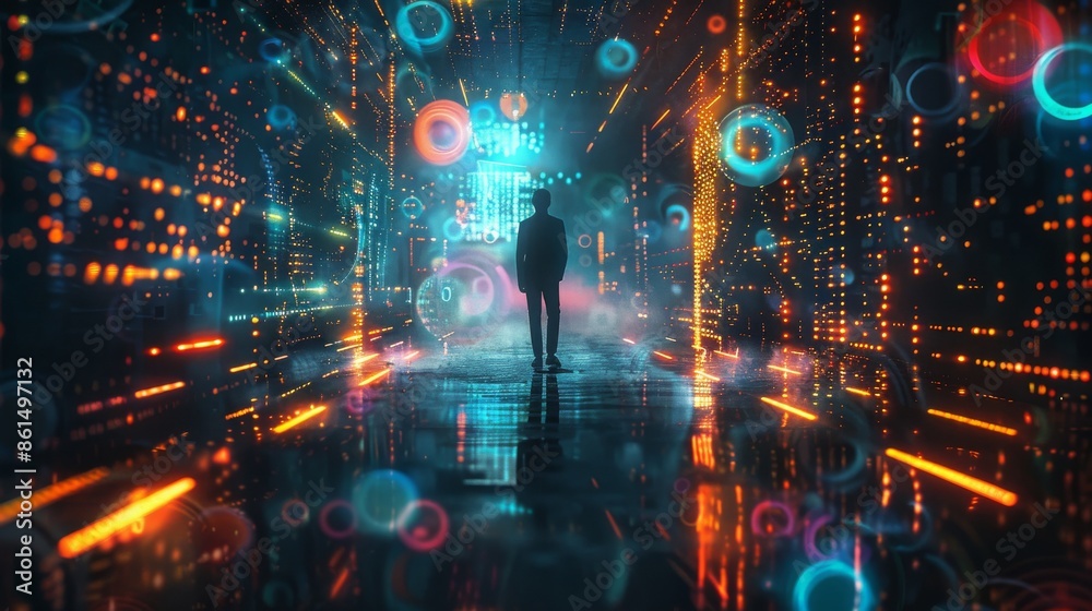Fototapeta premium high-tech futuristic image of a businessman's silhouette in glowing virtual digital space, rear view
