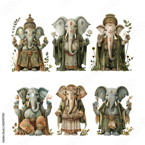 Set of Hindu gods and godness. Ganesha, Hanuman, Saraswati, Brahma, Vishnu, Varuna.