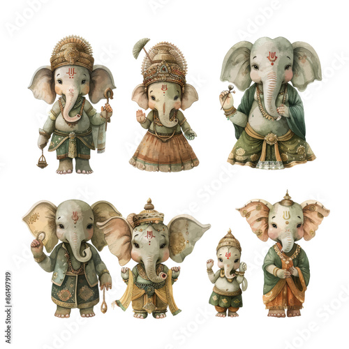 Set of Hindu gods and godness. Ganesha, Hanuman, Saraswati, Brahma, Vishnu, Varuna.