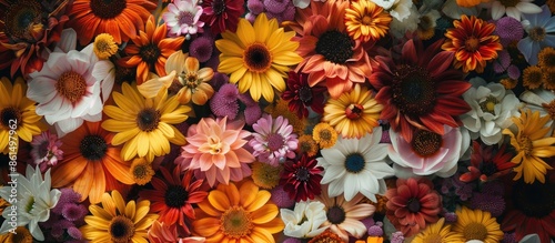 A detailed close up of various colorful flowers like bunga kertas, asteraceae, and sunflowers with diverse shades of red, yellow, white, orange, gold, purple, and brown shades, providing an array of