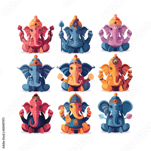 Set of Hindu gods and godness. Ganesha, Hanuman, Saraswati, Brahma, Vishnu, Varuna.