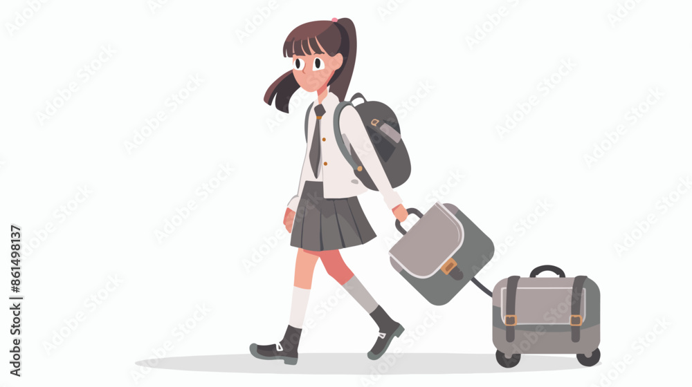 School Girl Walk with Schoolbag on Wheels Isolated School Girl Walk with Schoolbag on Wheels Isolated