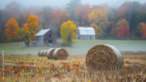 Closeup view of dry crop hay bale in farm land field in Autumn with beautiful foliage