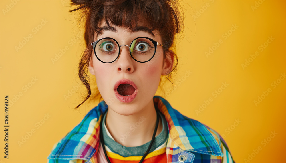 A young woman with glasses and a colorful jacket stands against a yellow background, her expression of surprise and amazement capturing a whimsical moment A young woman with glasses and a colorful jacket stands against a yellow background, her expression of surprise and amazement capturing a whimsical moment