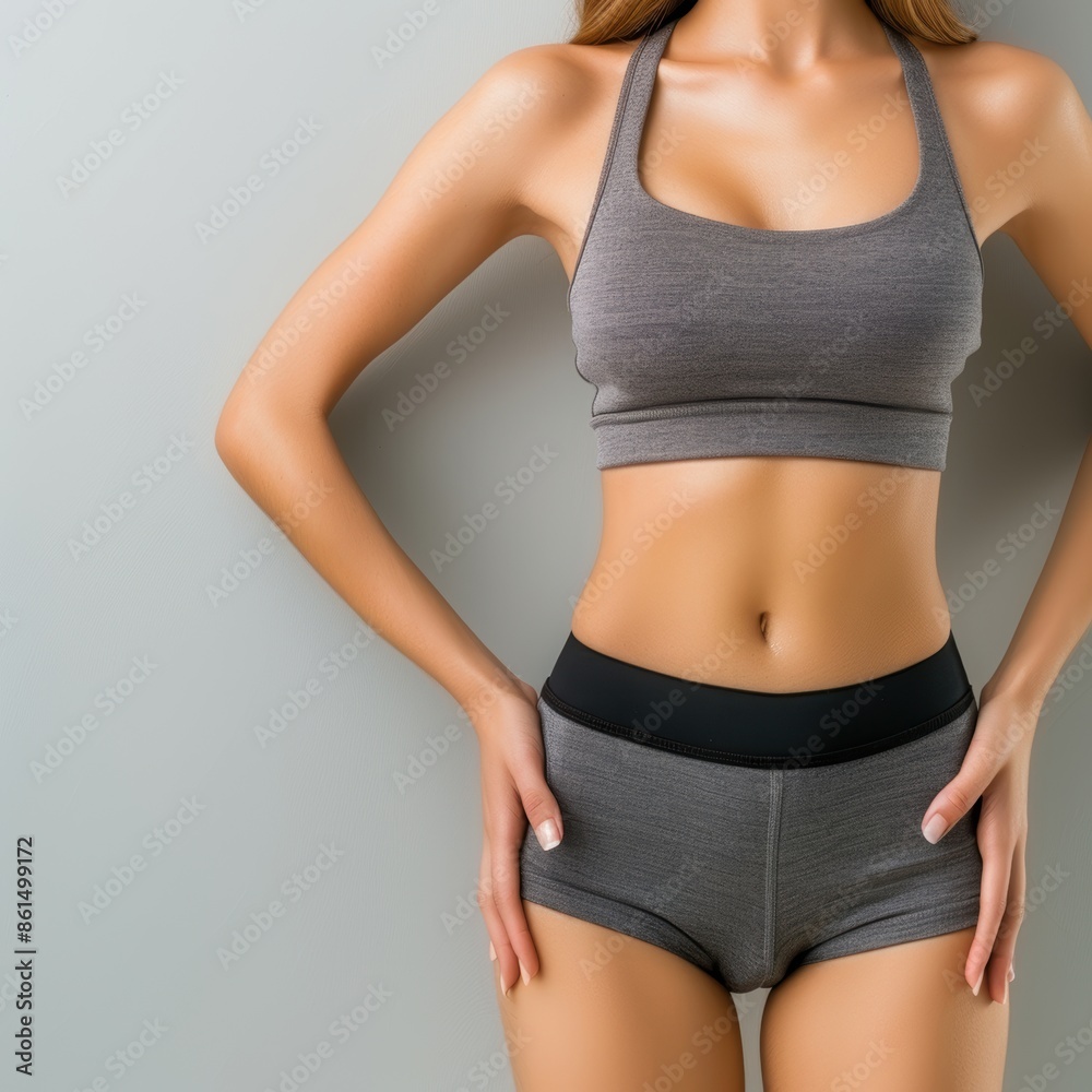 Woman in gray sports bra and shorts. Fitness and healthy lifestyle concept. Ideal for workout, exercise, and activewear promotions.