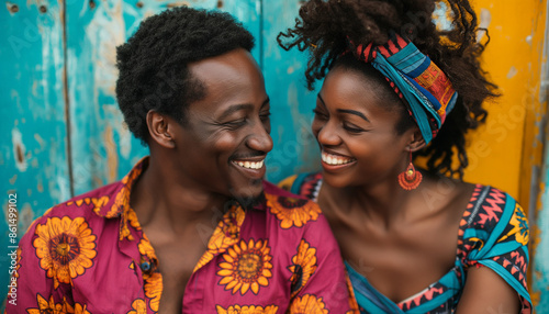 A joyful couple in vibrant attire share a loving gaze, radiating happiness and connection, set against a colorful and rustic background