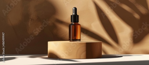 A chic cosmetic dropper bottle displayed on a stylish contemporary podium against a brown backdrop with distinct shadows, providing room for additional content in the image.