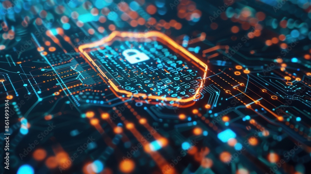 Shield icon, dark binary code, padlock, top view, illustrates secure communications, digital tone, tetradic color scheme Shield icon, dark binary code, padlock, top view, illustrates secure communications, digital tone, tetradic color scheme