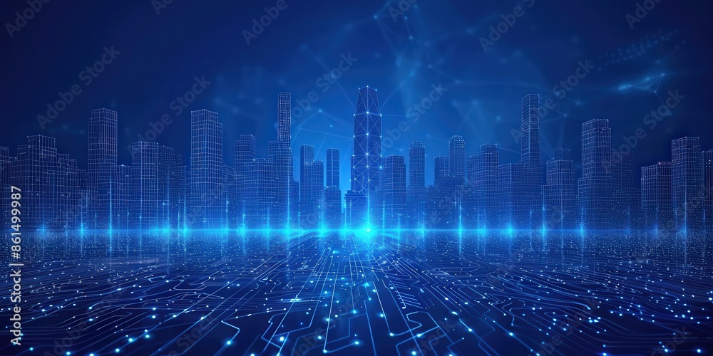 Digital Cityscape with glowing blue circuit board Digital Cityscape with glowing blue circuit board