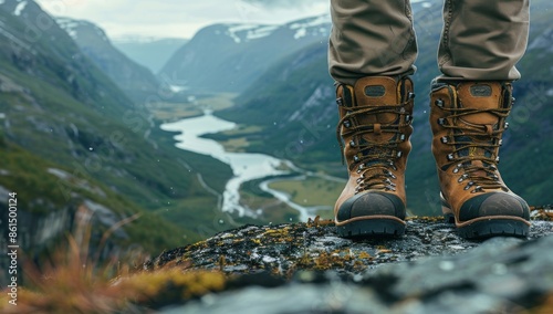 Hiking Boots on a Mountaintop Overlooking a Valley © rizky