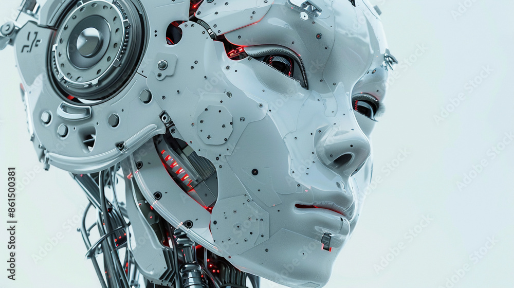 Female robot face, Artificial intelligence concept Female robot face, Artificial intelligence concept