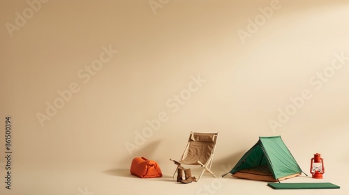 Minimalist Camping Setup with Vibrant Green Tent and Red Lantern on Beige Background in Soft Lighting