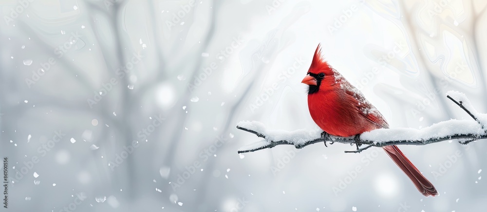 A male Northern Cardinal sits on a small branch in a snowy winter scene with copy space image. A male Northern Cardinal sits on a small branch in a snowy winter scene with copy space image.