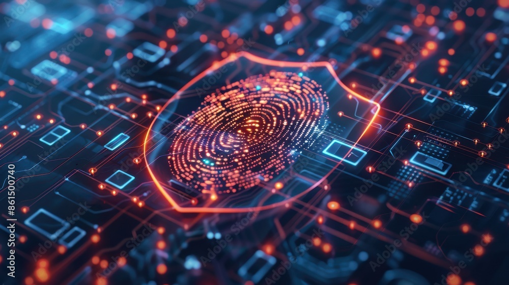 Fingerprint scan, dark data flow chart, shield icon, top view, illustrates authentication process, digital tone, tetradic color scheme Fingerprint scan, dark data flow chart, shield icon, top view, illustrates authentication process, digital tone, tetradic color scheme