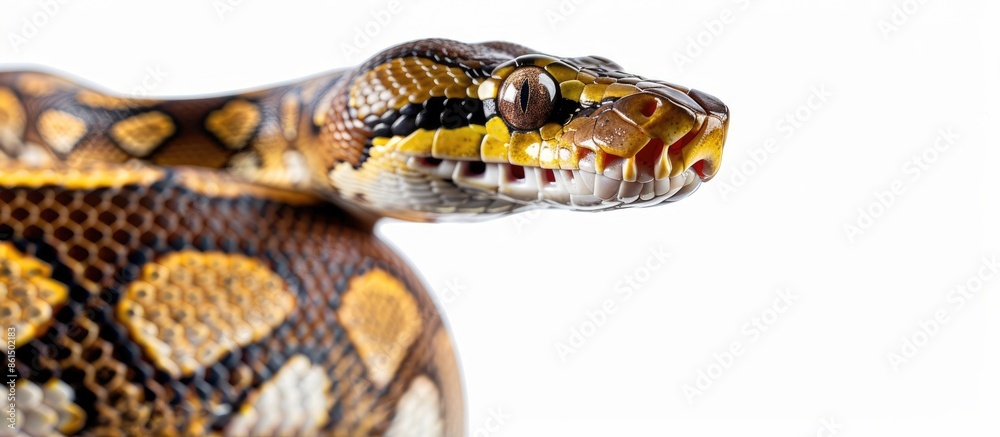 A reticulated python (Python reticulatus) featured on a blank, copy space image. A reticulated python (Python reticulatus) featured on a blank, copy space image.
