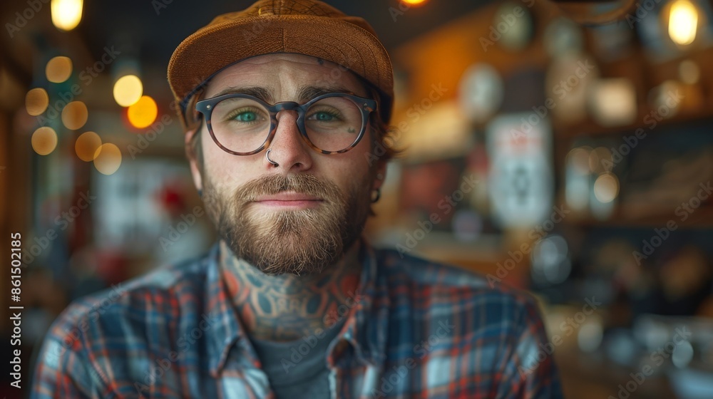 A Man With A Beard And Glasses Looks Thoughtfully Into The Camera In A Cafe. Generative AI A Man With A Beard And Glasses Looks Thoughtfully Into The Camera In A Cafe. Generative AI