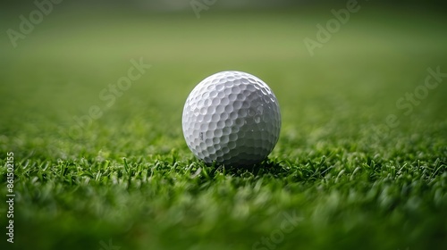 Close up of a golf ball on green golf grass field.