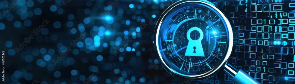Obraz premium Binary code, blue magnifying glass, key icon, front view, highlights code decryption, technology tone, complementary color scheme