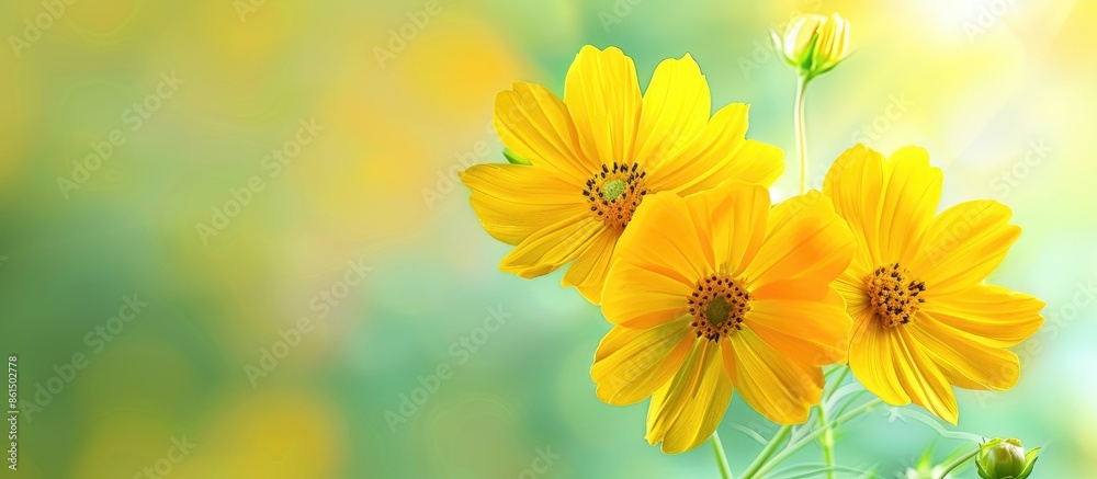 A trio of vibrant yellow flowers blooming against a soft green background in a copy space image. A trio of vibrant yellow flowers blooming against a soft green background in a copy space image.