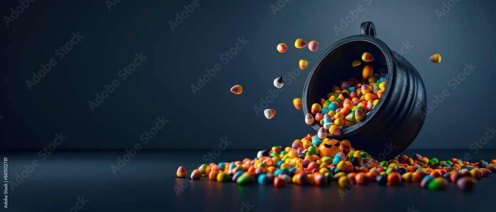 Fototapeta premium 3D Halloween candy spilling from a witch’s cauldron, festive colors