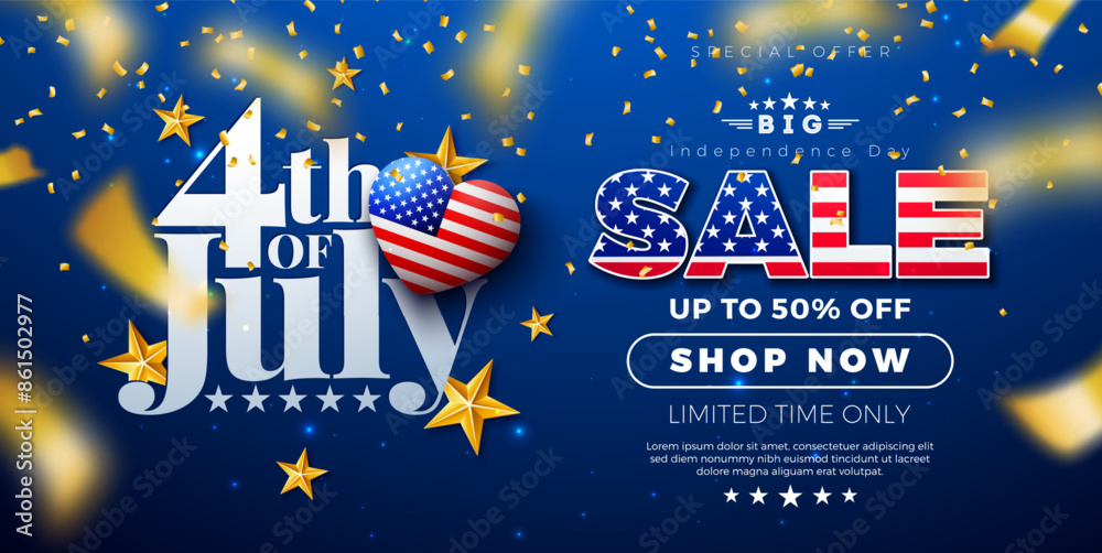 4th of July Independence Day Sale Banner Design with American Flag Heart and Falling Confetti on Blue Background. Fourth of July USA National Holiday Vector Illustration with Special Offer Typography 4th of July Independence Day Sale Banner Design with American Flag Heart and Falling Confetti on Blue Background. Fourth of July USA National Holiday Vector Illustration with Special Offer Typography