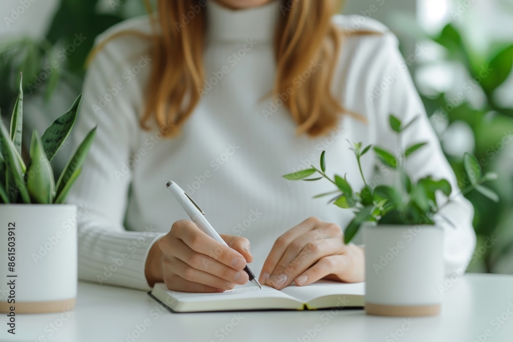 Reflective Period Diary: Woman Writing about Menstrual Experience in Journal with Pen, Minimalist Background Emphasizing Tracking Days Reflective Period Diary: Woman Writing about Menstrual Experience in Journal with Pen, Minimalist Background Emphasizing Tracking Days