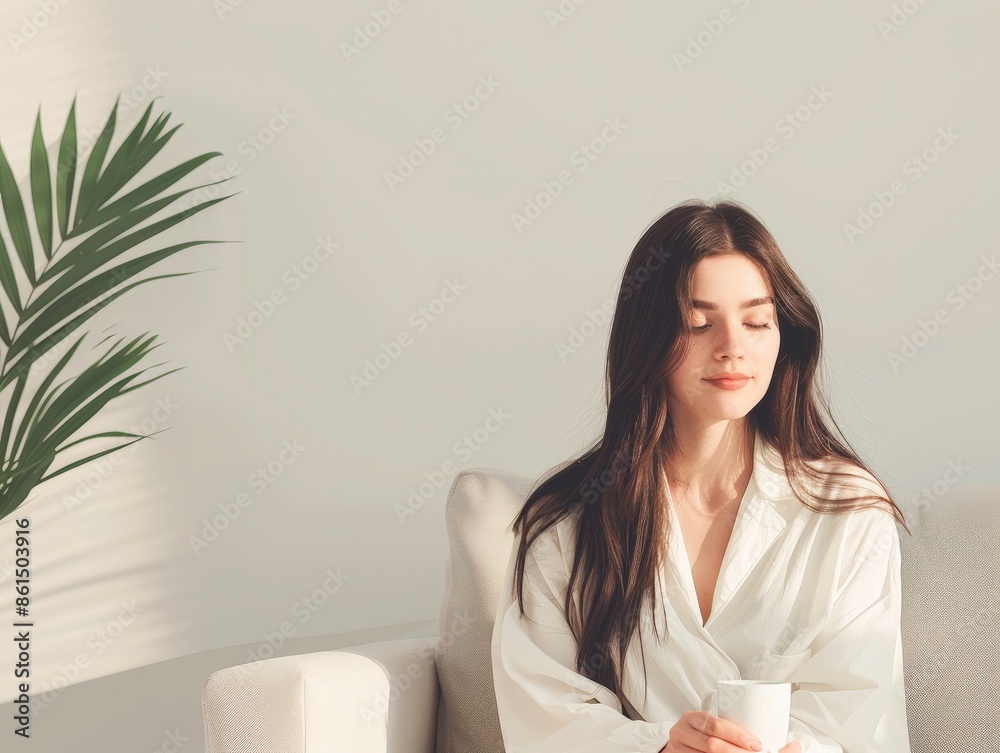 Serene Woman in Minimalist Lounge Setting Enjoying Comfort and Relaxation with Hot Drink Serene Woman in Minimalist Lounge Setting Enjoying Comfort and Relaxation with Hot Drink
