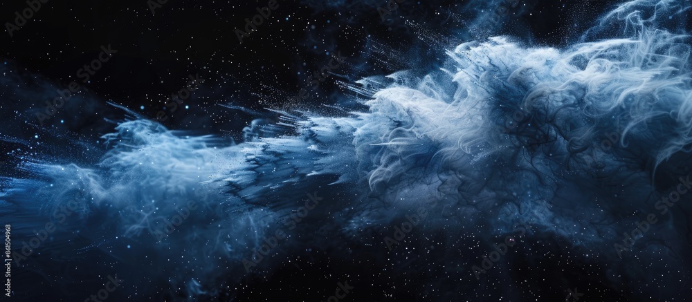 Capture blue powder freezing in motion, against a black backdrop. Abstract white dust cloud embodies particles exploding, providing a planet creation concept with copy space image potential. Capture blue powder freezing in motion, against a black backdrop. Abstract white dust cloud embodies particles exploding, providing a planet creation concept with copy space image potential.
