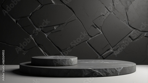 Black podium stone background rock product display 3d dark stand platform abstract stage scene studio. Stone wall black space podium mockup pedestal geometric marble Generated with AI