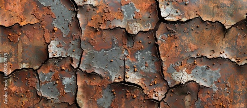 A sheet of rusty metal with cracked, flaky paint offers an abstract texture suitable for a copy space image.