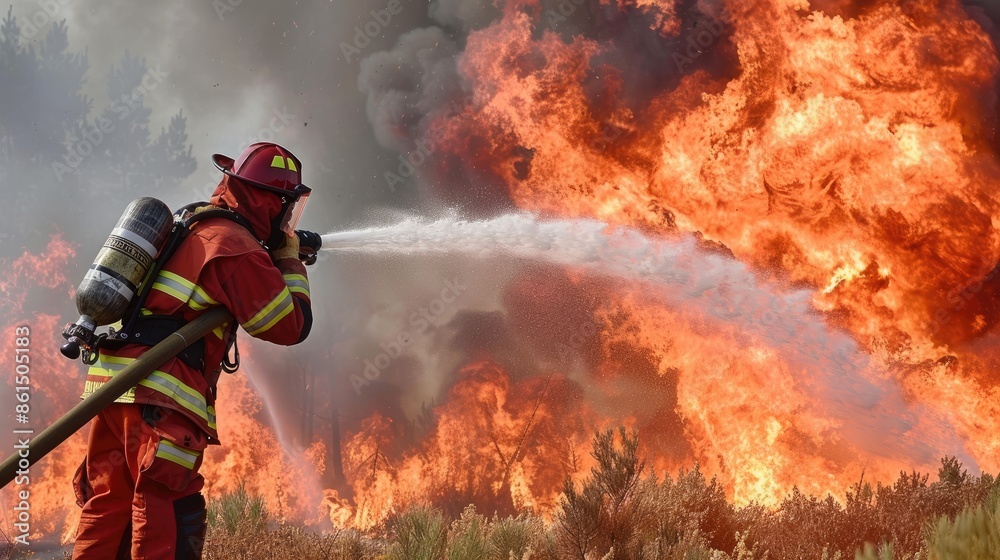Fototapeta premium Firefighters are extinguishing a burning fire. Fireman putting out fire.