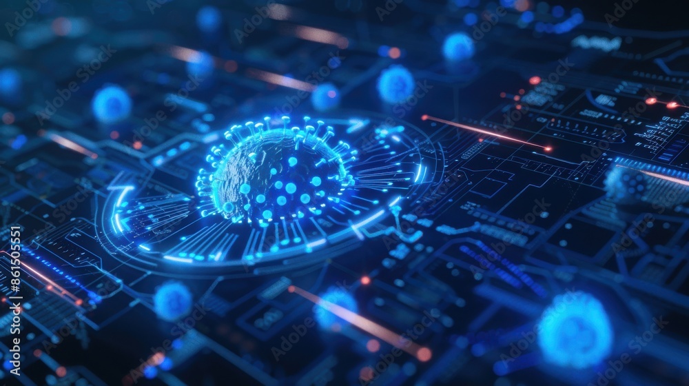Obraz premium Virus icon, blue security breach alert, firewall illustration, side view, emphasizes network protection, futuristic tone, vivid color scheme