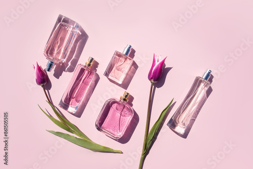A set of perfume bottles of various shapes on a lilac background with delicate pink tulips. Flat lay. Top view. Presentation of spring fragrances © Marina