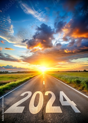 New year 2024 or straightforward concept. Text 2024 written on the road in the middle of asphalt road at sunset.Concept of planning and challenge, business strategy, opportunity ,hope, new life change