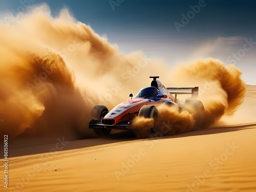 Dune Dominator: Formula One Car Racing Across Arid Expanse photo