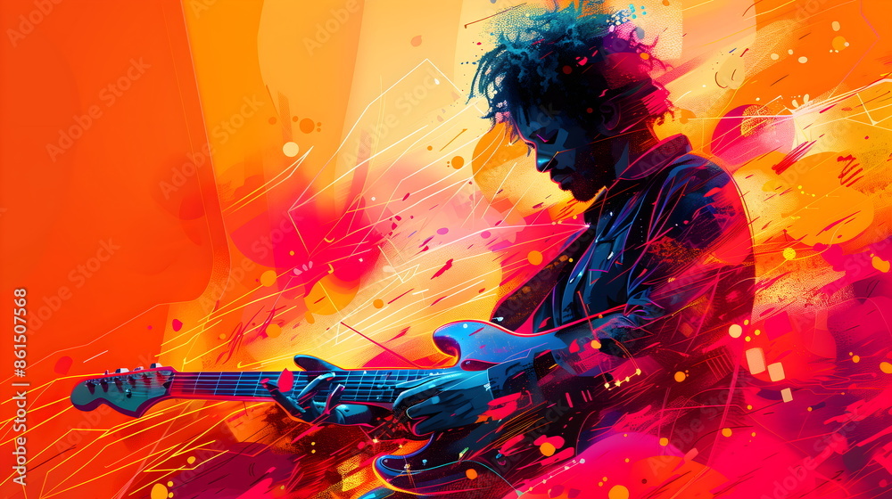 Fototapeta premium Musician plays guitar. Jazz background poster