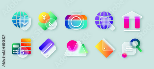 Realistic ui icons with blur neon gradient in glassmorphism style. Transparent frosted 3d glass morphism design button set of camera, envelope, credit card, currency exchange for website or mobile app