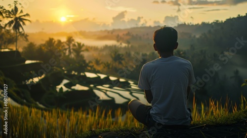 A man in a reflective moment watching sunrise over the rice terraces in Bali © Sasint