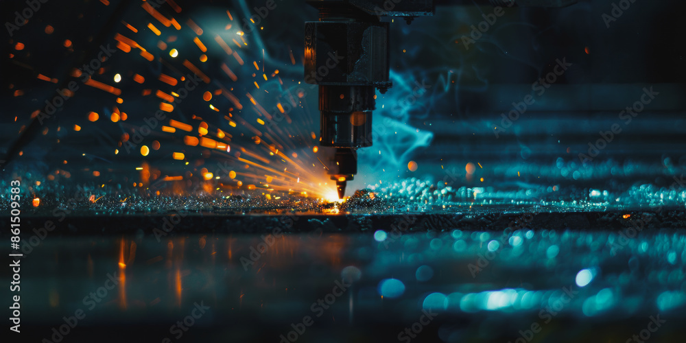 Plasma cutting machine operating on metal sheet in industrial setting Plasma cutting machine operating on metal sheet in industrial setting